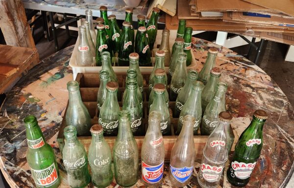 Lot of 40 Vintage Soda Bottles & Wood Soda Crate Box